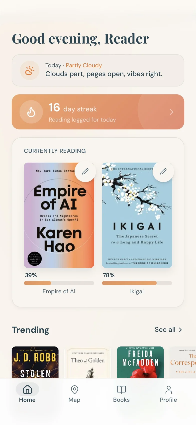 Minibieb app home screen showing weather greeting, reading streak, current books, and trending recommendations