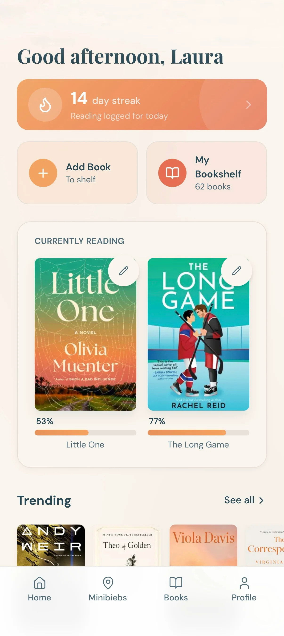 Minibieb app home screen showing weather greeting, reading streak, current books, and trending recommendations