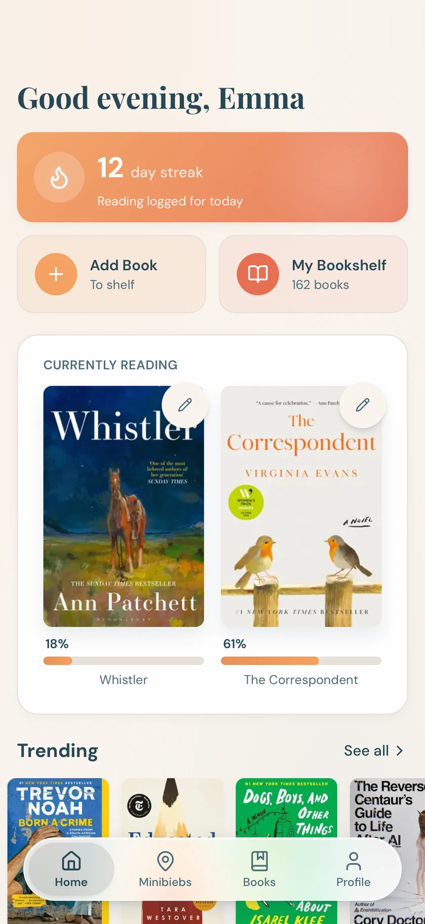 The Minibieb home screen: a personal greeting, a reading streak, the books you have going, and what other readers are picking up